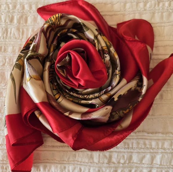 Vintage Silk Floral Square Scarf 35x35 Red Beige Botanical - Picture 3 of 15